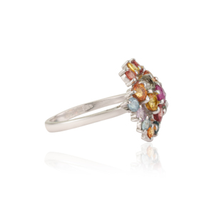 Anillo de Plata de Ley 925 con Diseño Floral en Forma de Cúpula, Zafiro Multicolor de Corte Redondo, Gema Natural, Joyería Fina - Product Image 5
