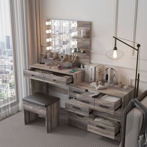 "Modern <b>Makeup</b> Vanity with 10 LED Lights Charging Station & Desk <b>Mirror</b> for Dresser Use" - Product Image 3
