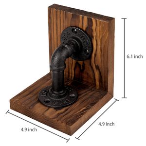 Industrial Pipe <b>Bookends</b> Rustic Solid Wood Heavy Duty Metal Pipe Book Ends Vintage Farmhouse Bookshelf Organizer Decorative Book - Product Image 6