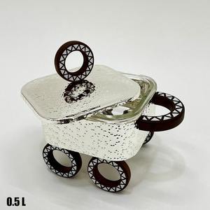 Luxury Rectangular Carriage Chafing Dish Double Food <b>Pan</b> Hammered Stainless Steel Buffet Warmer with Decorative Wheels Single - Product Image 4