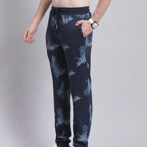 Men Navy Blue Leaf Print Hooded <b>Tracksuit</b> Set Full Sleeve Casual Joggers With Side Pockets Breathable Autumn Wear - Product Image 4