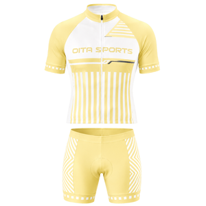 Ensemble de maillot et short de cyclisme personnalisé jaune clair et blanc, manches courtes, fermeture éclair intégrale, séchage rapide, rembourré, uniforme de vélo, équipe de course, sports - Product Image 1
