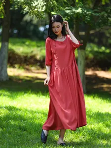 Women Cotton Linen Loose Fit Maxi <b>Dress</b> Short Sleeve O-Neck Long <b>Dress</b> Comfortable <b>Boho</b> <b>Summer</b> Outfit - Product Image 5