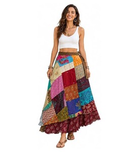 Reversible <b>Patchwork</b> Wrap <b>Skirt</b> Handmade Silk Long Maxi Adjustable Waist Bohemian Style Breathable for Women - Product Image 1