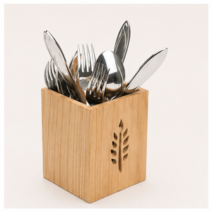 Porte-couverts en bois artisanal avec motif de feuille découpée, organiseur d'ustensiles écologique pour la cuisine et la table à manger - Product Image 3