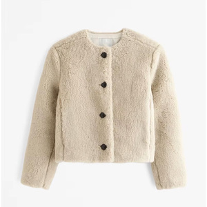 Women's Faux Fur Sherpa <b>Jacket</b> O-Neck Single Breasted Button Closure Full Sleeve Winter Short Coat Thick Fleece Material - Product Image 5