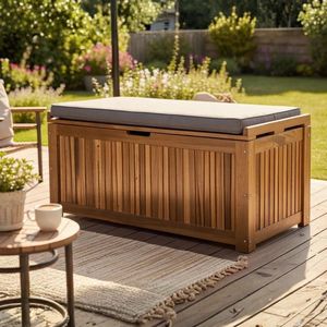 Solid Acacia Wood & Fabric Modern Outdoor Patio <b>Bench</b> <b>with</b> Built-in <b>Storage</b> Box Cushion Weather Resistant Handwoven - Product Image 4