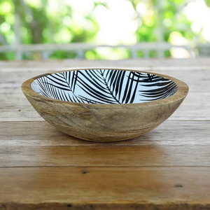 Bol en bois imprimé émail, design fantaisie avec motif feuille de palmier noir, dernier bol de service en bois pour la décoration intérieure - Product Image 1
