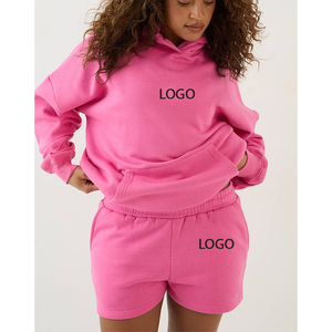 Conjunto de 2 piezas personalizado para fabricantes de ropa: Sudadera con capucha y pantalones cortos de algodón French Terry de corte holgado para mujer, ideal para deportes de verano. - Product Image 1