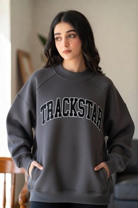 Womens Charcoal Grey Oversized <b>Mock</b> <b>Neck</b> Sweatshirt Trackstar Embroidery Heavyweight Fleece <b>Top</b> - Product Image 3