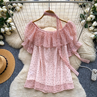 Blusas Elegantes de Chifón de Manga Corta para Verano, Camisas con Volantes y Estampado de Puntos para Mujer, Tops Elegantes para Dama, Ropa al por Mayor para Mujer