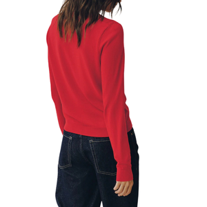 Cárdigan de punto de algodón suave con botones de lazo rojo y cuello redondo para mujer, suéter de manga larga con bolsillos, ropa al por mayor, top. - Product Image 2