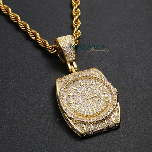 Pendentif montre en argent 925 plaqué or avec diamant de laboratoire taille brillant rond, unisexe, luxe, pour usage quotidien - Product Image 1