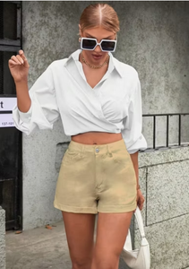 White Cropped Blouse With Beige High Waist Shorts <b>Set</b> Casual Summer Outfit Womens Fashion - Product Image 3