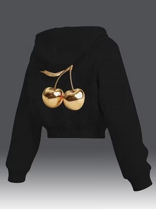 Sudadera Corta con Capucha Negra para Mujer, con Apliques de Cerezas Doradas, Informal, de Manga Larga, Tejida, 100% Algodón, para Otoño - Product Image 1