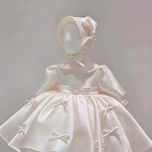 Vestido de fiesta de lujo para niña, de satén liso con lazo, estilo princesa, para primer cumpleaños, con mangas abullonadas, para 6 meses a 3 años, venta al por mayor - Product Image 1