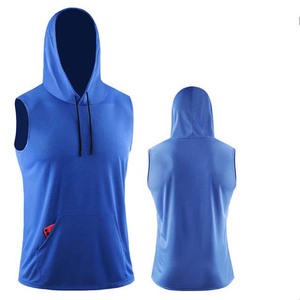 <b>Men's</b> Sleeveless Hooded Vest Solid Blue Quick Dry Knitted Casual Summer Top With Pocket - Product Image 1
