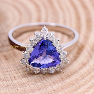 Natural Trillion Cut Tanzanite 18K Solid White Gold Halo Ring | Diamond Accent Fine Jewelry <b>Gift</b> for Women - Product Image 4