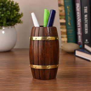 Porte-stylo artisanal en bois de rose indien |   Organisateur de bureau en bois en forme de tonneau à vin |   Support à stylos rustique pour bureau, décoration, cadeau - Product Image 4