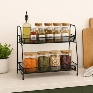 Minimalist Design Heavy Duty Multifunctional Kitchen Organizer Sundries Durable Mesh Shelf Black Double Tier Metal <b>Storage</b> <b>Rack</b> - Product Image 5