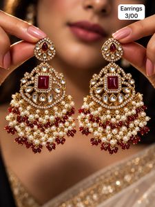 Boucles d'oreilles pendantes ethniques en laiton Kundan, motif floral, avec perles et cristaux, bijoux pour mariage et fête - Product Image 5