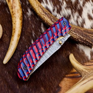 Couteau pliant tactique en acier Damas, manche en bois Pakka, étui de transport vertical, OEM/ODM personnalisé - Couteau de chasse EDC - Product Image 4