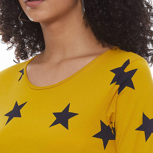 T-shirt jaune pour femme, T-shirt à manches longues, T-shirt à imprimé étoile, T-shirt à col rond, haut en coton tricoté décontracté, coupe régulière, toutes saisons - Product Image 5