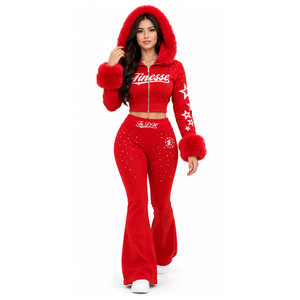 Conjunto de 2 Piezas Finesse Rojo, Top Corto con Capucha y Pantalones Acampanados con Estampado de Diamantes de Imitación, Cintura Alta, Ropa de Yoga a la Moda - Product Image 4