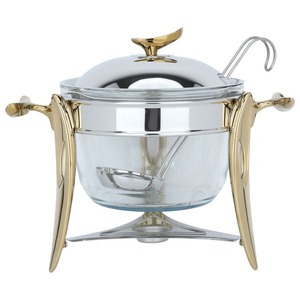 Soupière de luxe en or et argent avec bol en verre, chauffe-plats en acier inoxydable pour buffet de mariage, fête, traiteur - Product Image 1