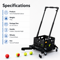 Chariot de ramassage de balles de tennis et de pickleball, panier roulant, poignée pliable, hauteur réglable, 4 roues pivotantes pour l'entraînement