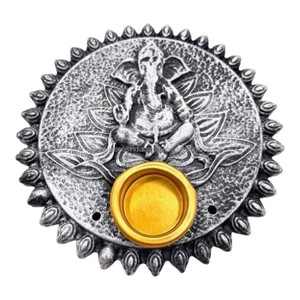 Brûleur d'encens rond en argent Ganesha pour bâtonnets et cônes d'encens parfumés à la bergamote et à la fraise - Product Image 3