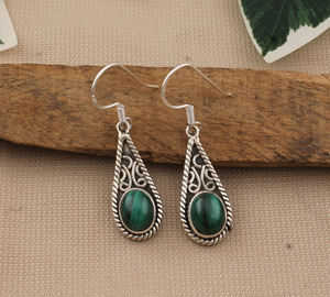 Boucles d'oreilles pendantes en pierre naturelle turquoise de luxe à bandes vertes, en argent sterling, bijoux vintage de mariage pour femmes, vente en gros - Product Image 3