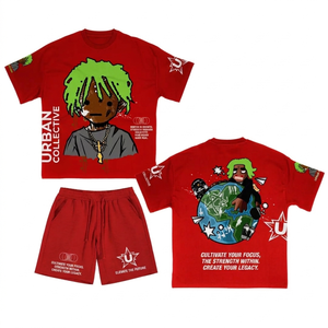 Ensemble t-shirt et short en coton 220 GSM de haute qualité, rouge, style urbain, impression graphique, logo personnalisé, 2 pièces - Product Image 1