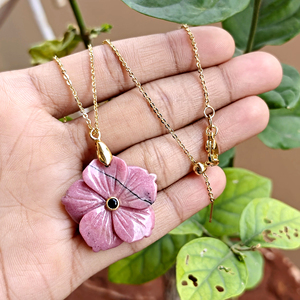 Black manganese rhodonite hand carved floral pendant necklace <b>with</b> black cz bezel set stone 18k gold plated brass chain for gift - Product Image 5