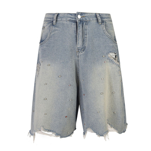 Shorts Bermuda en jean déchiré pour homme, taille mi-haute, fermeture boutonnée, style décontracté, en coton délavé - Product Image 1