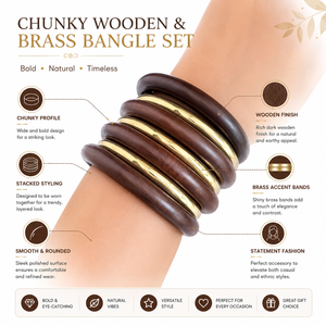 Conjunto de brazaletes gruesos de madera y latón hechos a mano, pulseras llamativas para mujer, accesorios de joyería de moda - Product Image 6