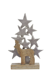 Figurine de renne en bois avec étoile en métal argenté, arbre de Noël empilé sur base en bois, décoration - Product Image 2