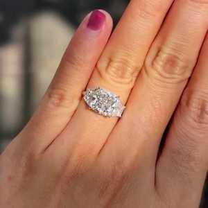 Engagement <b>Rings</b> 3Ct <b>Cushion</b> Lab Grown Diamond Tapered Shield Accent Prong Set Solitaire Anniversary <b>Wedding</b> Band 14K Solid Gold - Product Image 1