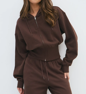 High Quality Vintage Custom Women Oversized <b>Zip</b>-<b>Up</b> Knitted Hoodie Organic Cotton Fleece <b>Crop</b> Top Tracksuit Set Front Autumn - Product Image 2