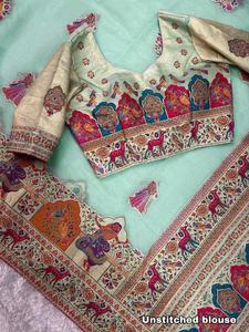 Sari en organza de soie pure avec tissage Zari, jacquard Minakari, richement orné, bordure en dentelle Zari, idéal pour les fêtes - Product Image 5