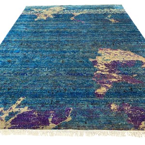 Hand Knotted Wool Area <b>Rug</b> <b>Teal</b> Blue Abstract Distressed Design Beige Purple Living Room Bedroom Hotel Decor - Product Image 2