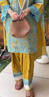 Ensemble Salwar Kameez pour femmes en dentelle jaune et bleue tissée et imprimée, haut long, pantalon large, châle, tenue pakistanaise