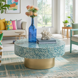 Mesa de Centro Redonda con Incrustaciones de Madreperla y Diseño Floral Elegante, Mueble Premium - Product Image 2