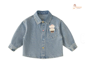 Chemise en denim de coton pour enfants, manches longues, applique de dessin animé, col rabattu décontracté, haut pour garçons et filles - Product Image 1
