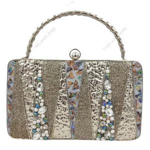 indian handmade Luxury Mother Of Pearl Silver <b>Clutch</b> With Handcrafted Metal Texture Pearl Crystal Work Evening Party Wedding <b>Bag</b> - Product Image 1