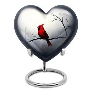 Urne funéraire décorative en forme de cœur d'oiseau cardinal rouge avec motif de fleurs de cerisier, urne commémorative pour cendres avec support métallique personnalisé - Product Image 2