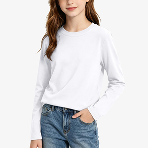 Servicio OEM Camiseta blanca de manga larga para niñas, de algodón tejido, para uso diario escolar, cuello redondo, para adolescentes de 5 a 14 años - Product Image 1
