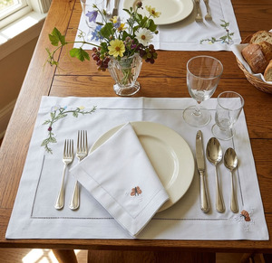 Custom Wholesale QUANG THANH EMBROIDERY Luxury Embroidery Flower Butterfly <b>Placemats</b> Napkins Sets White Cotton Hemstitch - Product Image 2