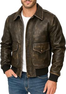 Chaqueta Bomber de Cuero Vacuno Marrón para Hombre, Cuello Camisero, Cierre de Cremallera, Estilo Motociclista, Corte Regular, Otoño, Impermeable, Transpirable - Product Image 3