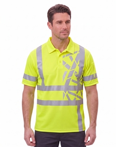 custom mens curved diagonal split safety <b>polo</b> neon pink charcoal hi vis workwear chevron reflective tape sleeve zipper <b>shirt</b> top - Product Image 6